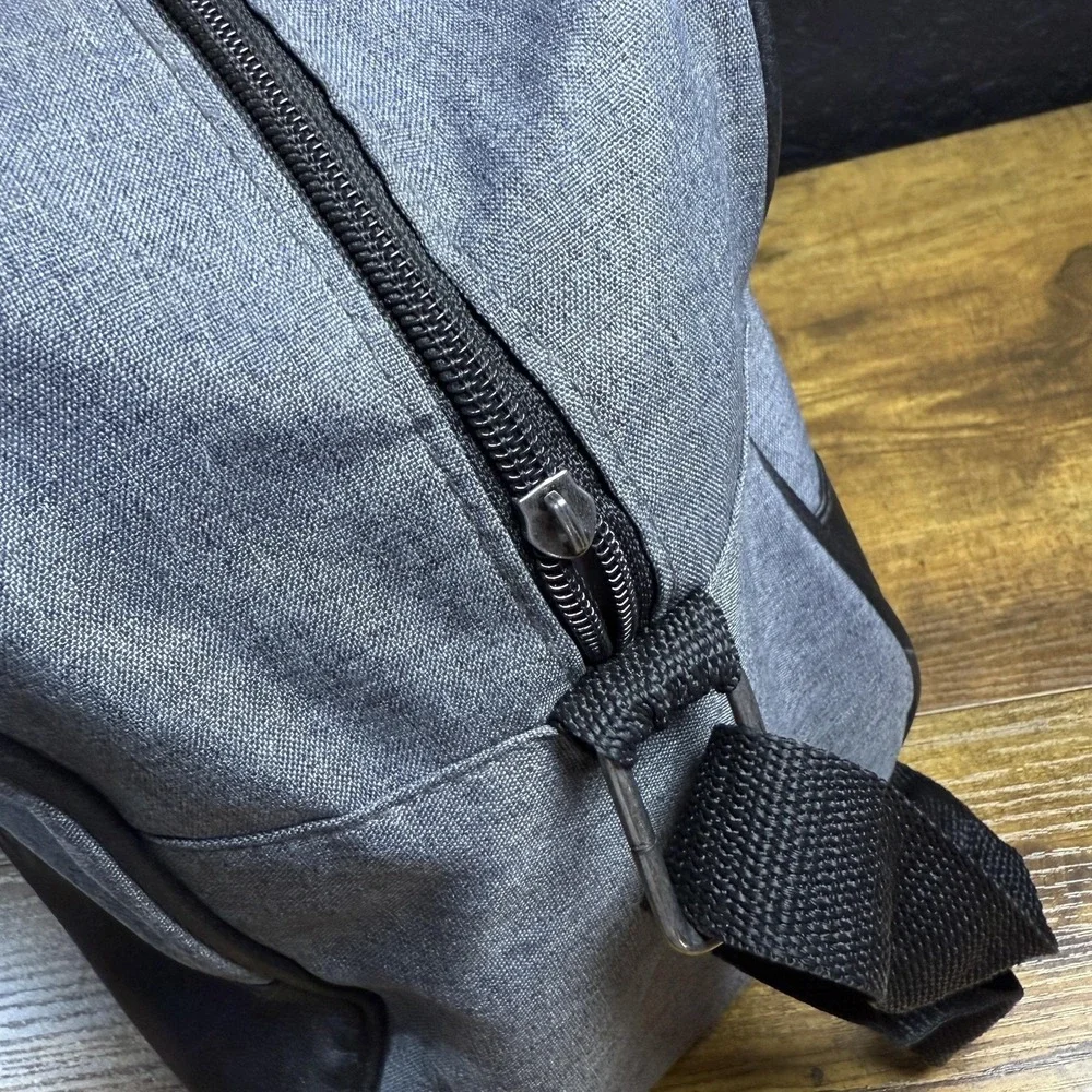 John Varvatos Grey Canvas Black Faux Leather Duffel Bag Travel Weekender Large